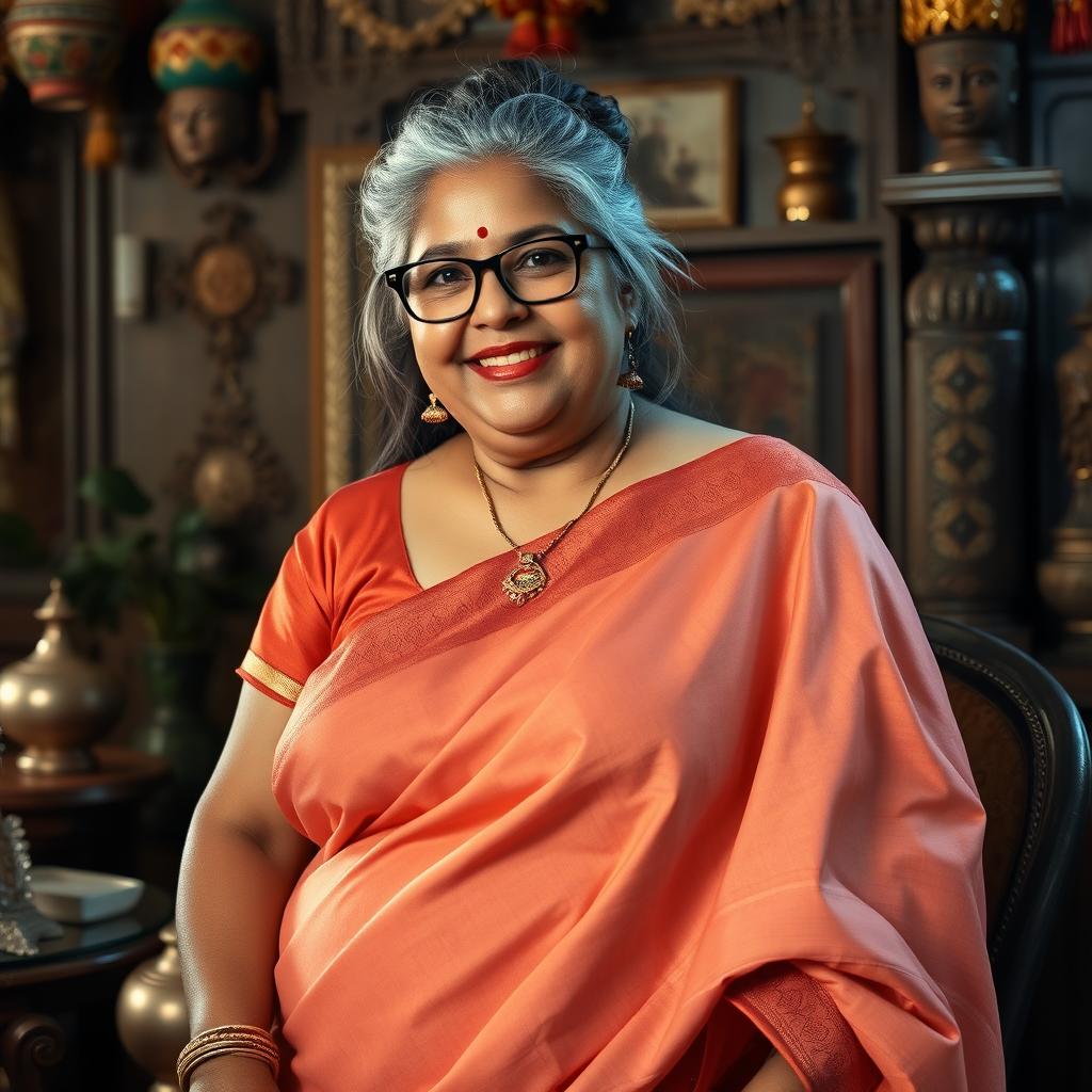 A realistic image of a 60-year-old plus-size wealthy Indian village woman, voluptuous and buxom, with long grey hair styled in a bun and wearing elegant glasses