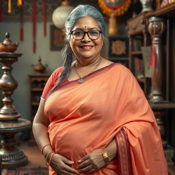 A realistic image of a 60-year-old plus-size wealthy Indian village woman, voluptuous and buxom, with long grey hair styled in a bun and wearing elegant glasses