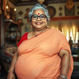 A realistic image of a 60-year-old plus-size wealthy Indian village woman, voluptuous and buxom, with long grey hair styled in a bun and wearing elegant glasses