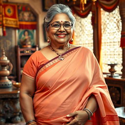A realistic image of a 60-year-old plus-size wealthy Indian village woman, voluptuous and buxom, with long grey hair styled in a bun and wearing elegant glasses