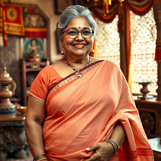 A realistic image of a 60-year-old plus-size wealthy Indian village woman, voluptuous and buxom, with long grey hair styled in a bun and wearing elegant glasses