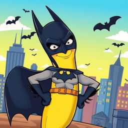A whimsical and surreal scene featuring Batman as a banana, wearing a classic Batman cape and mask