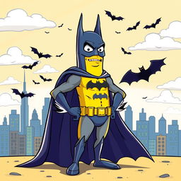 A whimsical and surreal scene featuring Batman as a banana, wearing a classic Batman cape and mask