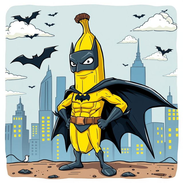 A whimsical and surreal scene featuring Batman as a banana, wearing a classic Batman cape and mask