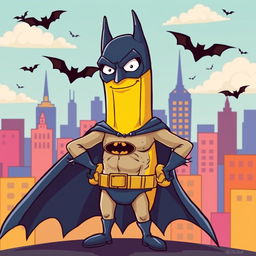 A whimsical and surreal scene featuring Batman as a banana, wearing a classic Batman cape and mask