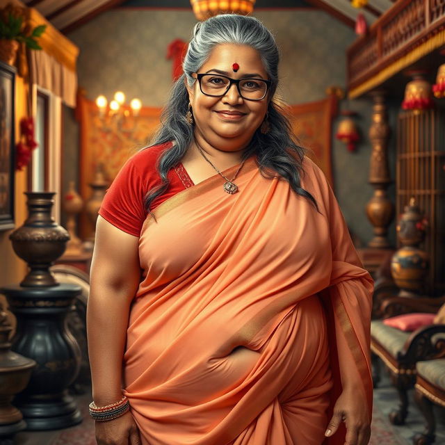 A realistic image of a 60-year-old plus-size wealthy Indian village woman, voluptuous and buxom, with long grey hair styled in a bun and adorned with elegant glasses