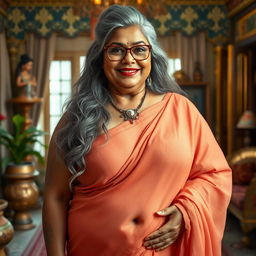 A realistic image of a 60-year-old plus-size wealthy Indian village woman, voluptuous and buxom, with long grey hair styled in a bun and adorned with elegant glasses