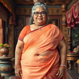 A realistic image of a 60-year-old plus-size wealthy Indian village woman, voluptuous and buxom, with long grey hair styled in a bun and adorned with elegant glasses