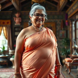 A realistic image of a 60-year-old plus-size wealthy Indian village woman, voluptuous and buxom, with long grey hair styled in a bun and adorned with elegant glasses