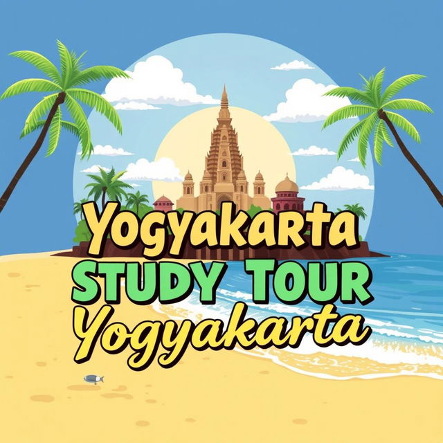 A creative t-shirt illustration capturing the essence of Yogyakarta and its beautiful beach