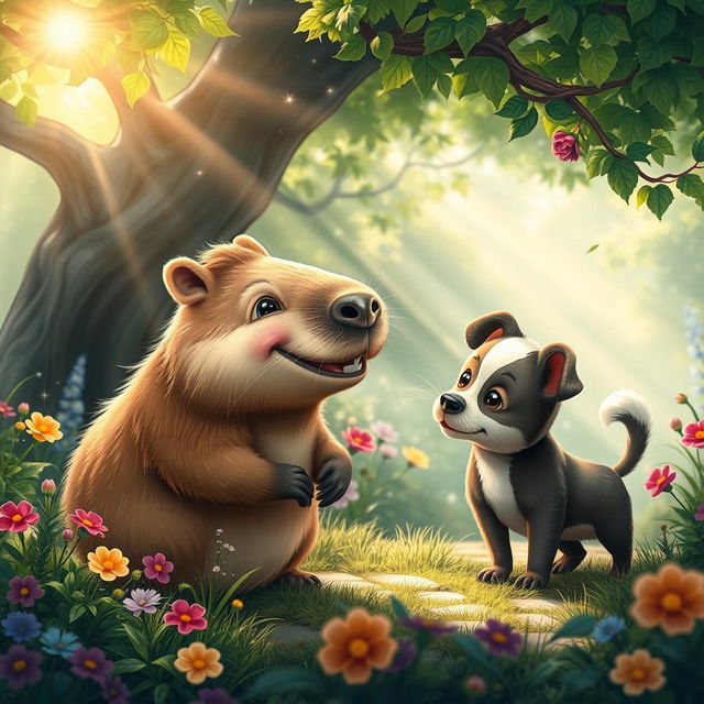 An adorable capybara and a playful puppy sharing a moment of friendship in an enchanting forest, surrounded by lush greenery, colorful flowers, and whimsical trees