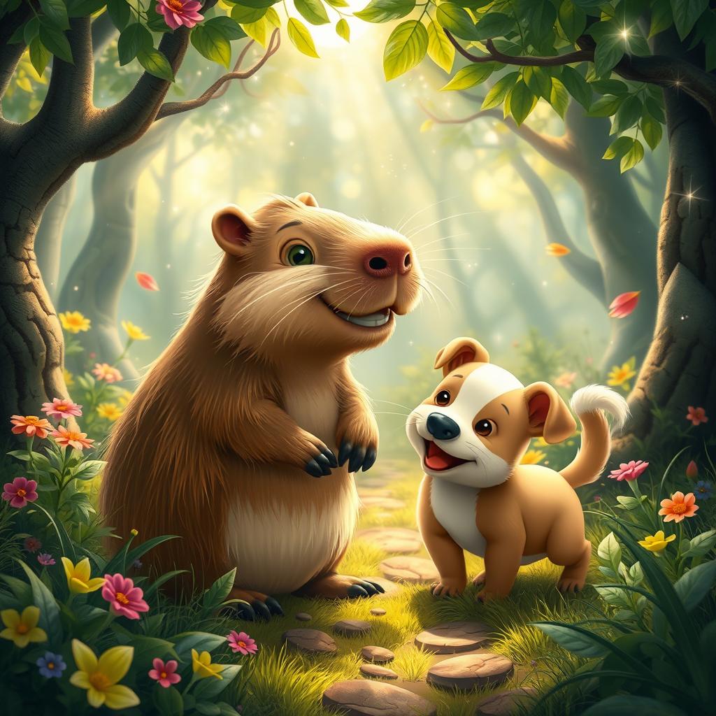 An adorable capybara and a playful puppy sharing a moment of friendship in an enchanting forest, surrounded by lush greenery, colorful flowers, and whimsical trees