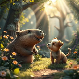 An adorable capybara and a playful puppy sharing a moment of friendship in an enchanting forest, surrounded by lush greenery, colorful flowers, and whimsical trees