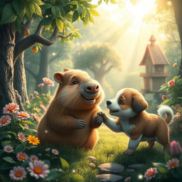 An adorable capybara and a playful puppy sharing a moment of friendship in an enchanting forest, surrounded by lush greenery, colorful flowers, and whimsical trees