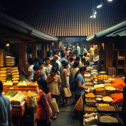 A bustling traditional market scene from the 1990s in East Java, Indonesia, showcasing vendors selling various essential goods such as rice, vegetables, and spices displayed neatly on wooden stalls