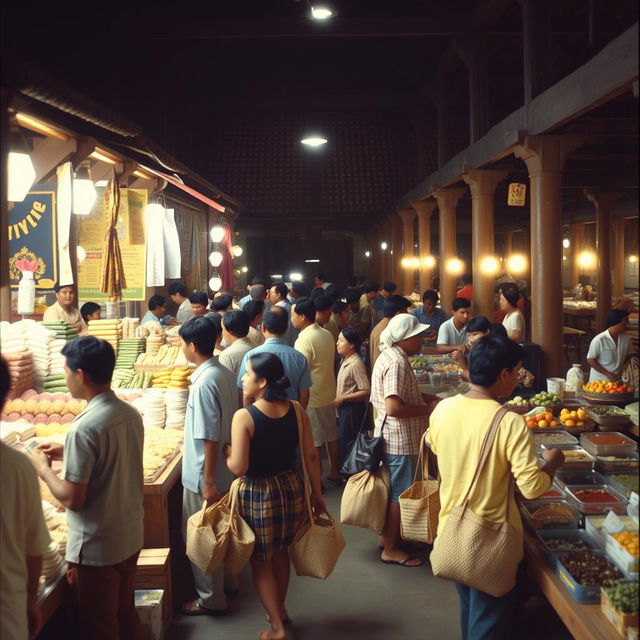 A bustling traditional market scene from the 1990s in East Java, Indonesia, showcasing vendors selling various essential goods such as rice, vegetables, and spices displayed neatly on wooden stalls