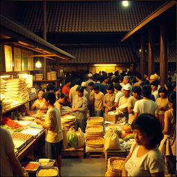 A bustling traditional market scene from the 1990s in East Java, Indonesia, showcasing vendors selling various essential goods such as rice, vegetables, and spices displayed neatly on wooden stalls