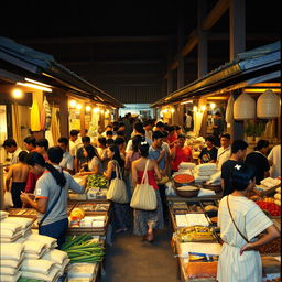 A bustling traditional market scene from the 1990s in East Java, Indonesia, showcasing vendors selling various essential goods such as rice, vegetables, and spices displayed neatly on wooden stalls
