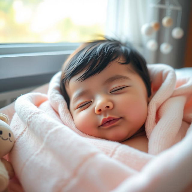 A cute baby with jet black hair and bright blue eyes peacefully sleeping