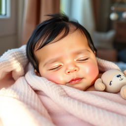 A cute baby with jet black hair and bright blue eyes peacefully sleeping