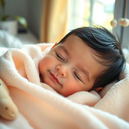 A cute baby with jet black hair and bright blue eyes peacefully sleeping