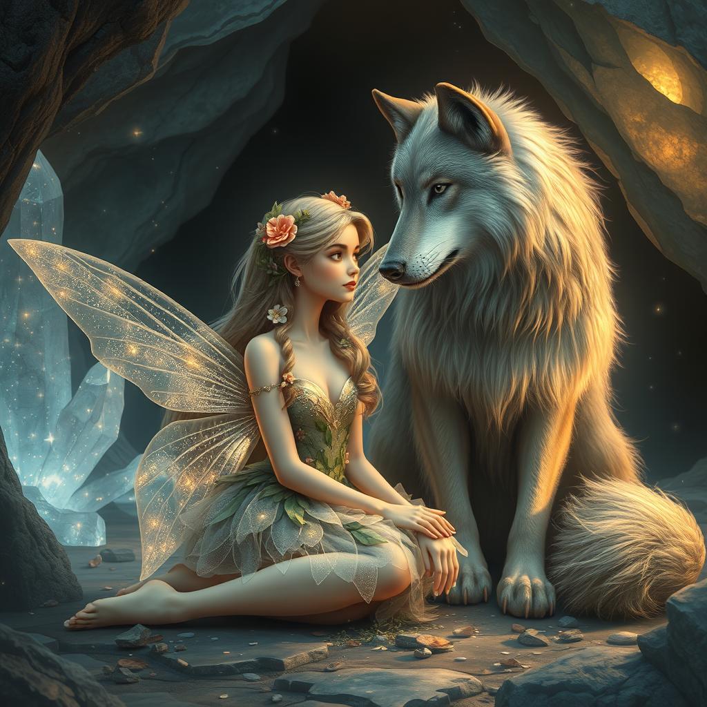 A beautiful fairy with shimmering wings sitting beside a majestic wolf, both in a mystical cave