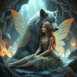 A beautiful fairy with shimmering wings sitting beside a majestic wolf, both in a mystical cave