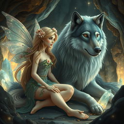 A beautiful fairy with shimmering wings sitting beside a majestic wolf, both in a mystical cave