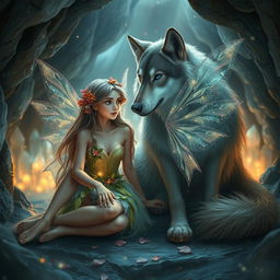 A beautiful fairy with shimmering wings sitting beside a majestic wolf, both in a mystical cave