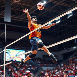 A dynamic volleyball scene featuring a male athlete named Taha M, a speedy volleyball player in mid-air performing a powerful spike over the net