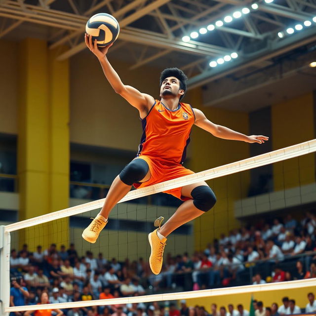 A dynamic volleyball scene featuring a male athlete named Taha M, a speedy volleyball player in mid-air performing a powerful spike over the net