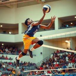 A dynamic volleyball scene featuring a male athlete named Taha M, a speedy volleyball player in mid-air performing a powerful spike over the net