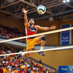A dynamic volleyball scene featuring a male athlete named Taha M, a speedy volleyball player in mid-air performing a powerful spike over the net