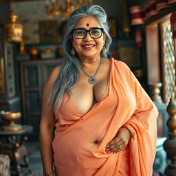 A realistic image of a 60-year-old plus-size wealthy Indian village woman, voluptuous and buxom, with long grey hair styled in a bun, adorned with stylish glasses