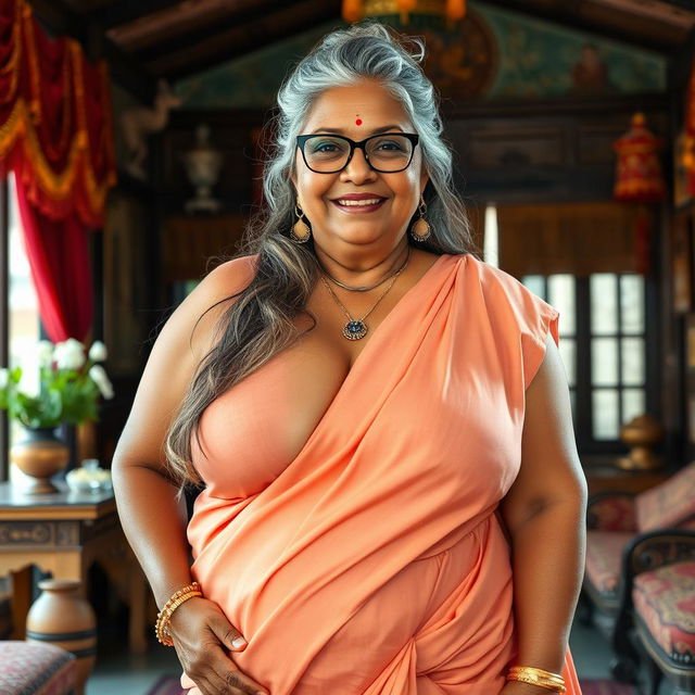 A realistic image of a 60-year-old plus-size wealthy Indian village woman, voluptuous and buxom, with long grey hair styled in a bun, adorned with stylish glasses