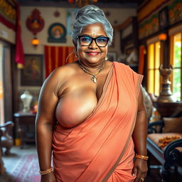 A realistic image of a 60-year-old plus-size wealthy Indian village woman, voluptuous and buxom, with long grey hair styled in a bun, adorned with stylish glasses