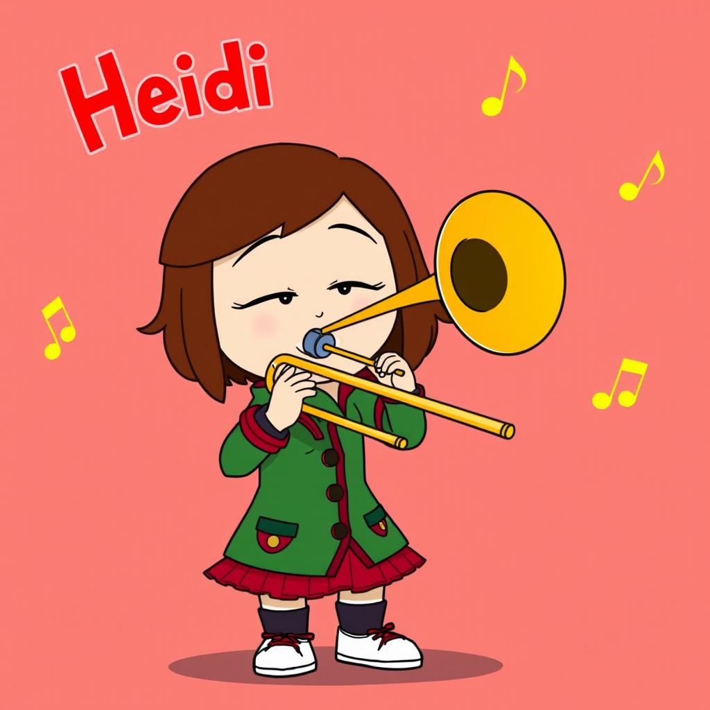 A cartoon style representation of a character named Heidi from a show like South Park, with distinctive features including brown hair and a green and red outfit, energetically playing a trombone