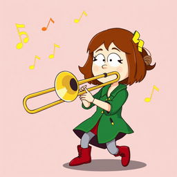 A cartoon style representation of a character named Heidi from a show like South Park, with distinctive features including brown hair and a green and red outfit, energetically playing a trombone