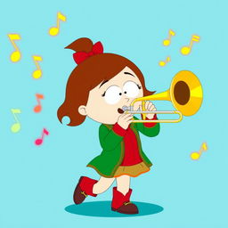 A cartoon style representation of a character named Heidi from a show like South Park, with distinctive features including brown hair and a green and red outfit, energetically playing a trombone