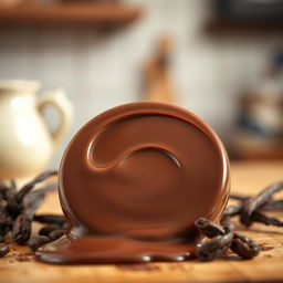 A striking image of a chocolate product, vividly showcasing a rich, smooth layer of glossy chocolate on its back, exuding a molten and luxurious appearance