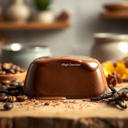 A striking image of a chocolate product, vividly showcasing a rich, smooth layer of glossy chocolate on its back, exuding a molten and luxurious appearance