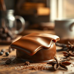 A striking image of a chocolate product, vividly showcasing a rich, smooth layer of glossy chocolate on its back, exuding a molten and luxurious appearance