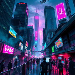 A stunning cyberpunk cityscape at night, alive with neon lights and futuristic architecture