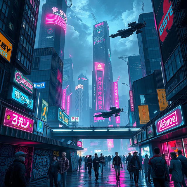 A stunning cyberpunk cityscape at night, alive with neon lights and futuristic architecture