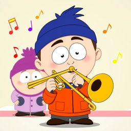A cartoon-style scene featuring a character resembling a young person, wearing typical South Park attire, energetically playing a trombone