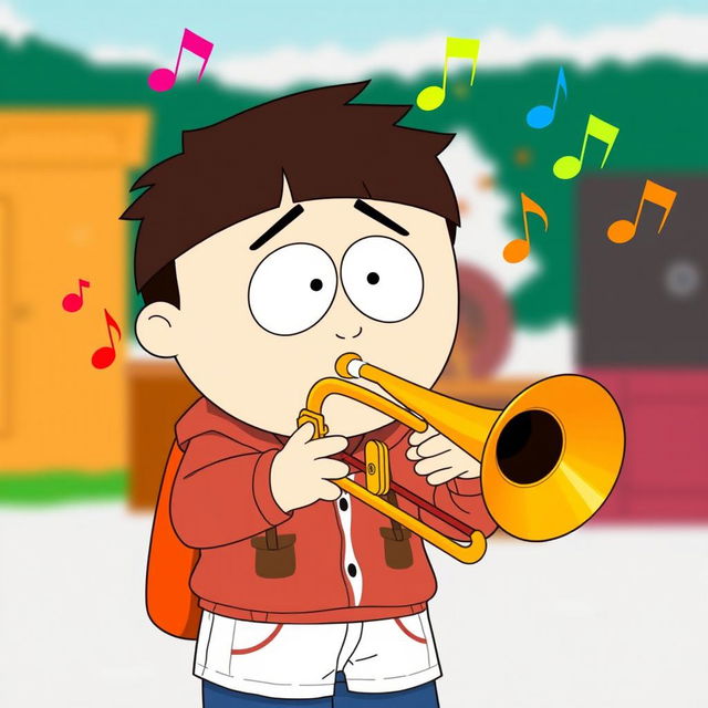 A cartoon-style scene featuring a character resembling a young person, wearing typical South Park attire, energetically playing a trombone