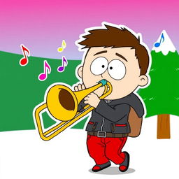 A cartoon-style scene featuring a character resembling a young person, wearing typical South Park attire, energetically playing a trombone