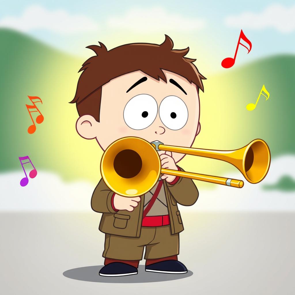 A cartoon-style scene featuring a character resembling a young person, wearing typical South Park attire, energetically playing a trombone