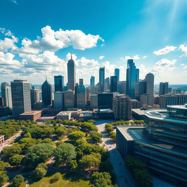 A stunning aerial view of Houston, Texas, showcasing the city's modern skyline with a mix of glass and steel skyscrapers reflecting sunlight