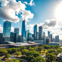 A stunning aerial view of Houston, Texas, showcasing the city's modern skyline with a mix of glass and steel skyscrapers reflecting sunlight